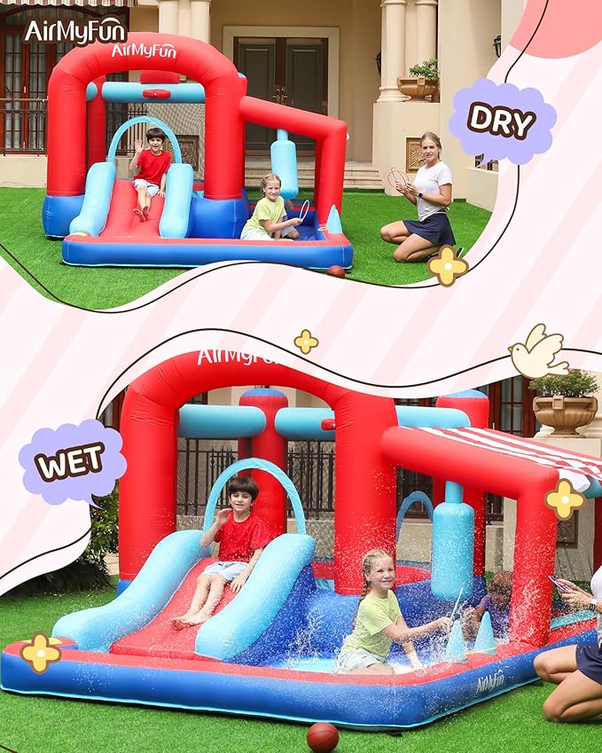 AirMyFun Inflatable Water Slide Bounce House with Long Curved Slide for Kids with Blower, Family Backyard Bouncy Castle with Fun Doorway Tunnel, Climbing Wall and Ball Shooting (Classics)