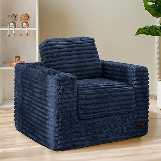 MAXYOYO Kids Bean Bag Chair, Comfy Faux Fur Bean Bag Sofa with Filler, Upholstered Floor Sofa with Pillows and Armrests, Lazy Floor Chair Couch for Boys and Girls, Navy