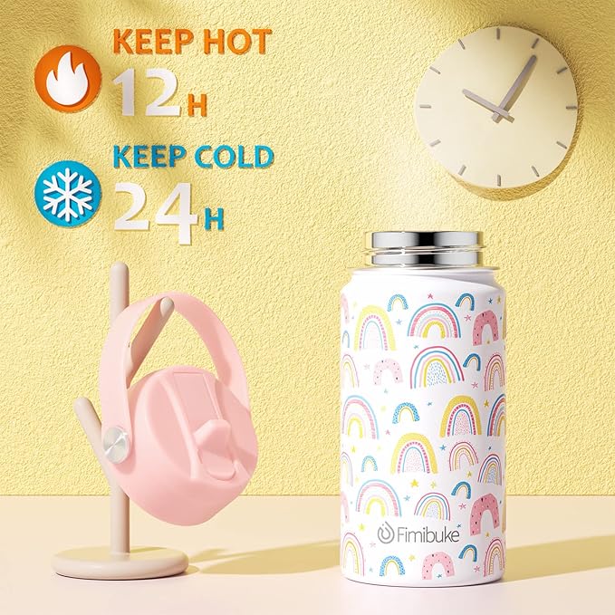 Fimibuke Kids Insulated Water Bottle, 14oz BPA FREE Double Wall Vacuum Tumbler 18/8 Stainless Steel Leak Proof Kids Cups with Straw Metal Water Bottle for School Boy Girl (2 Pack, RAINBOW/MERMAID)