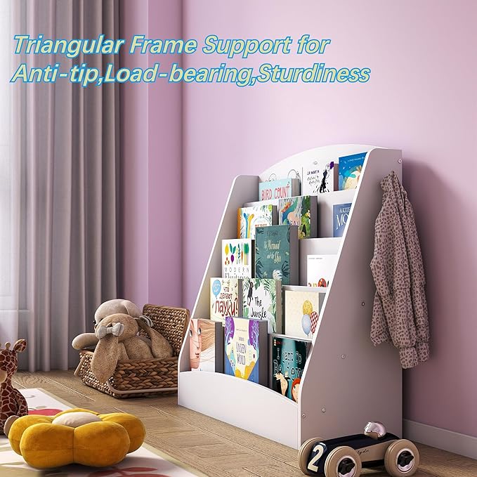 5-Tier Kids Bookshelf Montessori Toddler Book Rack Baby Bookcase Floor Front Facing Magazine Display Shelf for Bedroom Playroom Nursery Classroom Kindergarten Wood (White)