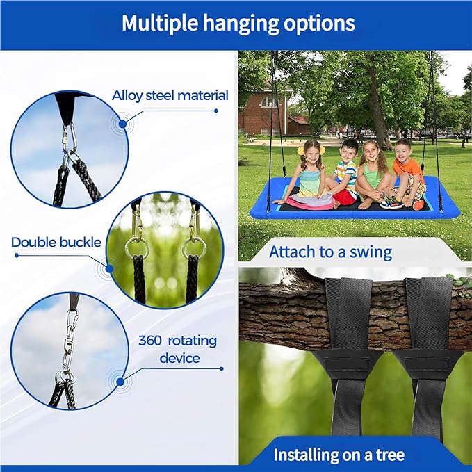 60-Inch Heavy-Duty Rectangle Platform Swing for Backyards - 700lb Capacity Waterproof Outdoor, Kids & Adults Tree Swing (Blue)