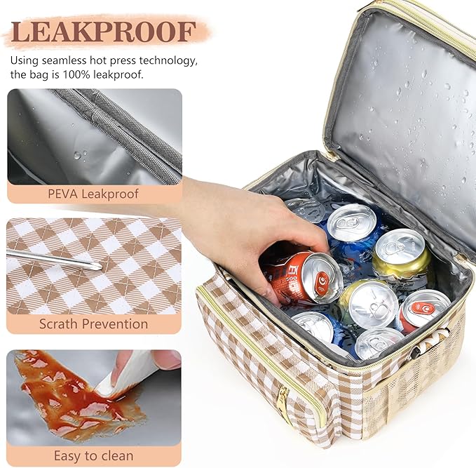 LOKASS Lunch Box for Women-16L-Insulated Lunch Bag Women, Expandable Double-layer Leakproof Cooler Bag with Upgrade Adjustable Shoulder Strap Ideal for Work/Travel/Picnics（Brown&White Check）
