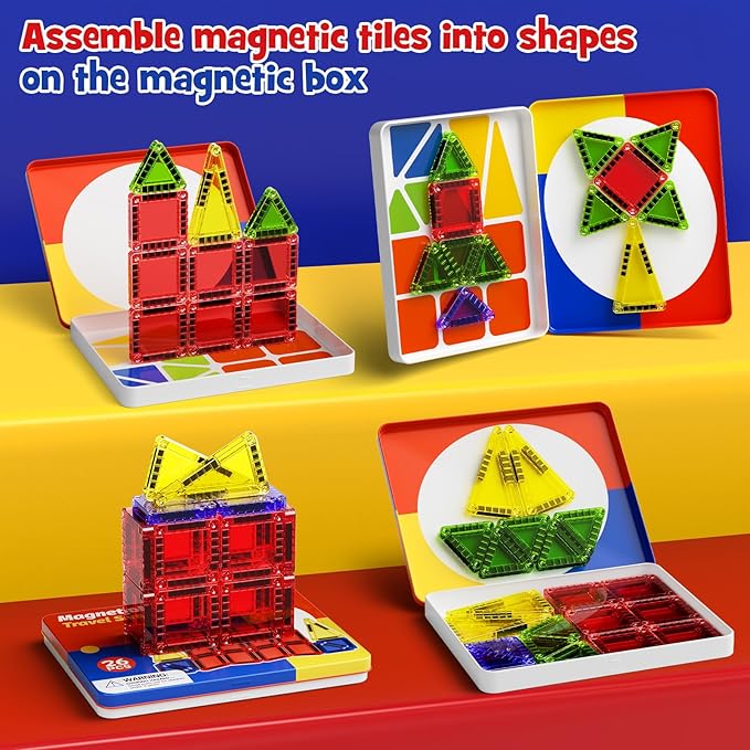 Mini Magnetic Tiles with Iron Case, Magnetic Building Toys Kid's Travel Essential Portable Creativity On-The-Go Magnet Blocks STEM Travel Toys for Toddler Boys Girls Ages 3+, 26-Piece