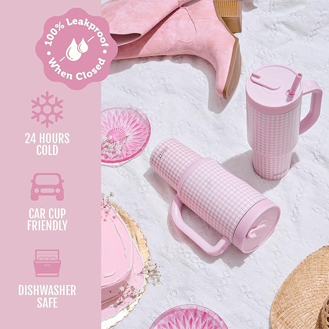 Ello Oasis 40 oz Tumbler with Handle & Retracting Straw | Reusable Insulated Stainless Steel Cup 100% Leakproof, Gifts for Teens Women Men | Keeps cold for 24 Hours, Cup Holder Friendly, Pink Gingham