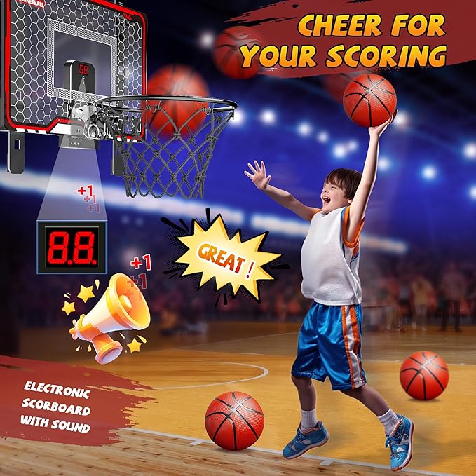 HopeRock Indoor Basketball Hoop Toys for Kids, Adjustable Height Basketball Hoop Over The Door, Mini Hoops with Scoreboard, Basketball Toys Christmas Birthday Gifts for Boys