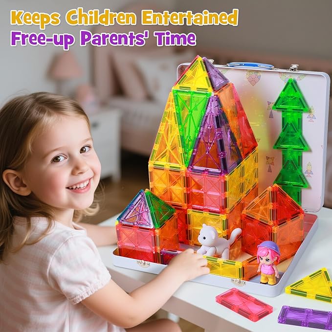 100Pcs Premium Magnetic Tiles Toys Set with Sturdy Iron Case, STEM Educational Building Blocks for Kids Ages 3-5 4-8, Montessori Sensory Toys, Creative Birthday Gifts for Toddler Boys & Girls