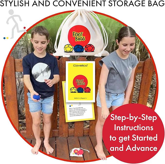 Footbag Hacky Set of 3 for Kids, Teens & Adults. Yellow, Blue & Red Sack - Each 2.28 inch, 1.6oz, Durable Dual Layered Synthetic Suede, Instructions & Stylish Bag, Solo or Group Footbag Game