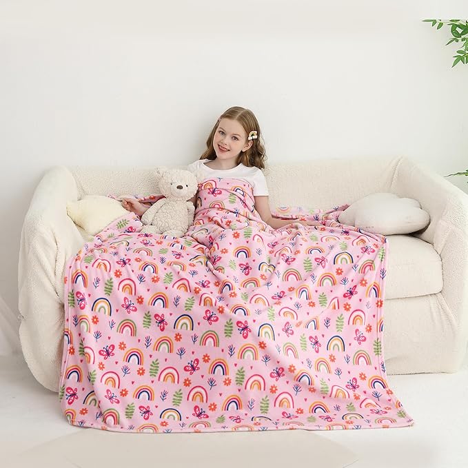 Softan Kids Throw Blanket for Girls & Boys, Warm Soft Toddler Fleece Blankets for Sofa Couch Bed， Cozy Fuzzy Plush Flannel Kids Throw Blanket for Daycare & School - Colorful Rainbow 50x60 inches