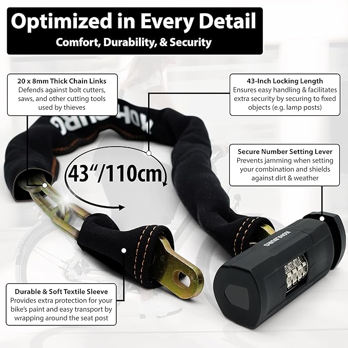 Heavy Duty Combination Bike Lock [Sold Secure Gold] 43" Long with Maximum Security – Anti Theft Bike Chain Lock with Numeric Code & 8mm Hardened Steel for Bicycle, Ebike, & Motorcycle