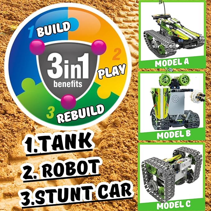Kididdo Remote Control Cars Robot Building Kit Educational Toys for Age 8-13 Fun STEM Toys for Kids 3-in-1 RC Car Kit to Build Cool Building Blocks Set Birthday Gift for 8 9 10+ Year Old Boys