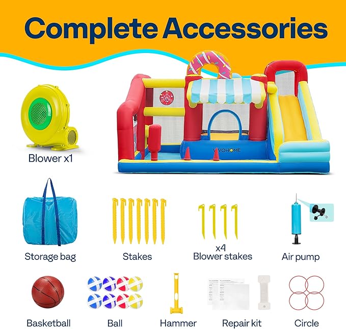 VIVOHOME 9 in 1 Bounce House for Kids, Market Theme Inflatable Bouncy Castle with Slide, 13x11 FT Inflated Bouncer for Outdoor with Blower, Basketball, Climb, Jump Area, Ball, Water Pool, Hoop