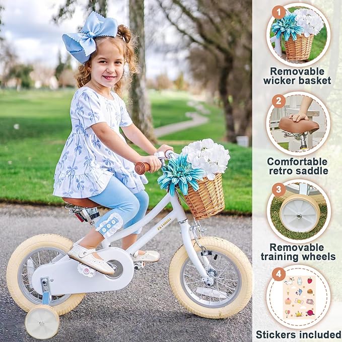 Petimini Girls Bike with Basket for 2-12 Years Old Kids, 12 14 16 18 20 Inch Bicycle with Bell Training Wheels Basket, Multiple Colors
