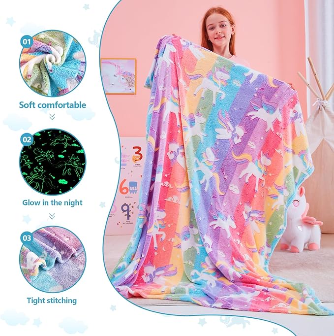 QSTEHEML Unicorns Glow in The Dark Blanket for Girls,Unicorn Gifts for Girls Age 3 4 5 6 7 8 9 10 11 12 Year Old, Soft Unicorns Rainbow Blanket - Christmas Birthday Bedroom Decor 50"×60"