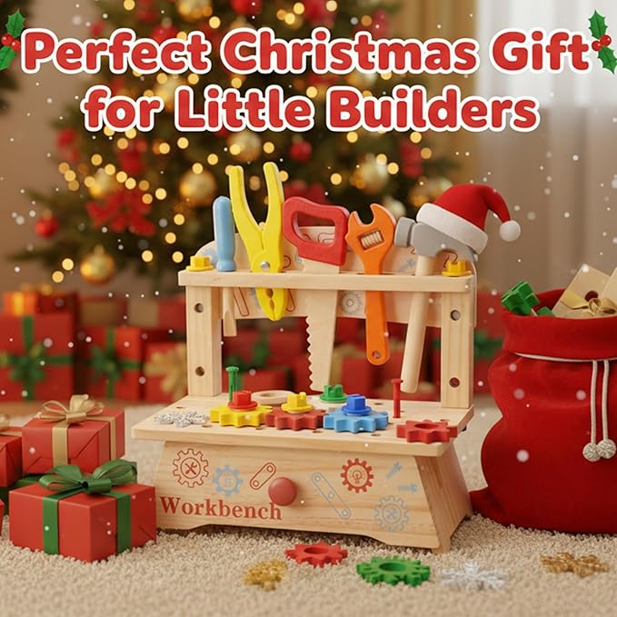 REXBETI Kids Tool Set, Wooden Toddler Tool Set with Apron, Toddler Tool Bench, Educational Montessori Toys for 3 Year Old Boys, Pretend Construction Kits, Birthday Gifts for 3 4 5 Year Old Boy Girl