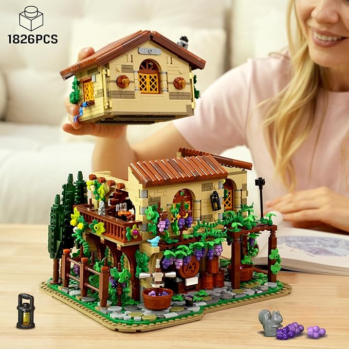 Winery Chateau House Building Set with Lights, Vineyard Castle Construction Model Home Decor, 1826 PCS Vine Estate Autumn Cabin Building Block Kit, Birthday Gift for Adults Teens Boys Girls
