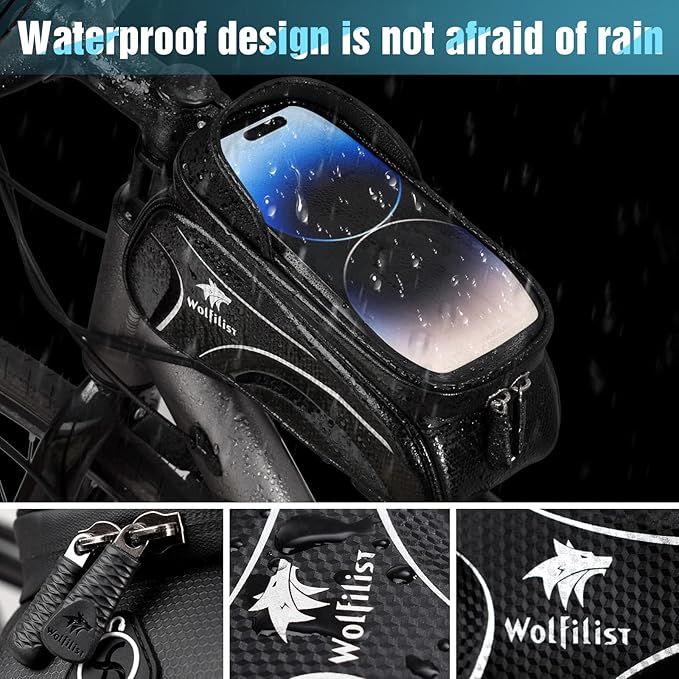 Bike Bag - Waterproof Bike Frame Bag with Sun-Visor Rain Cover, Bike Phone Holder with TPU Sensitive Touch Screen, Handlebar Bag Bicycle Accessories, Large Capacity Suitable Phone Under 7"