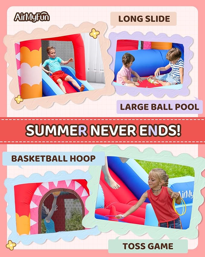 AirMyFun Inflatable Bounce House,Bouncy Castle with Air Blower,Play House with Ball Pit,Inflatable Kids Slide,Jumping Castle with Carry Bag