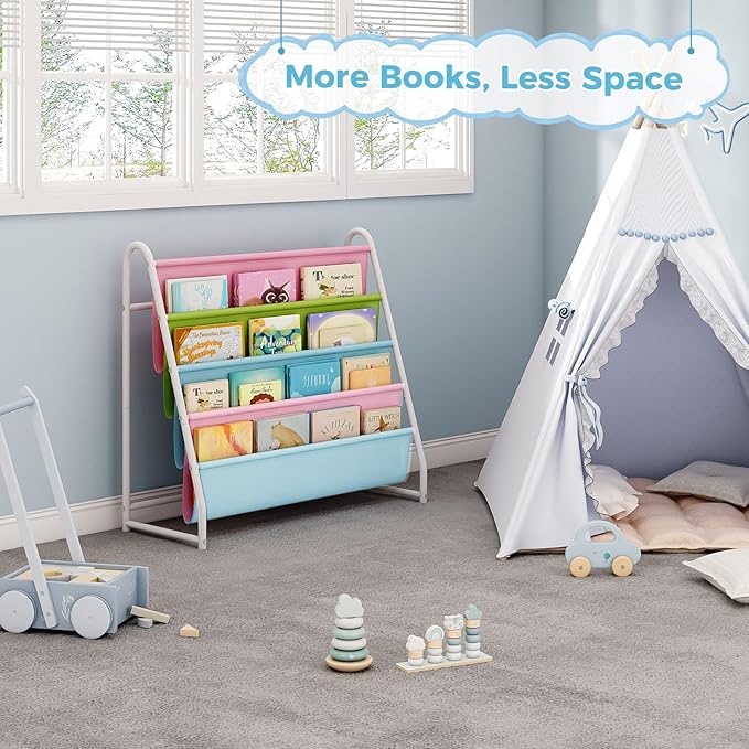 Tatub 4 Tier Kids Bookshelf for Kids Rooms, Metal Children Book Rack Montessori Bookshelf, Toddler Sling Bookrack Display for Nursery, Multicolor