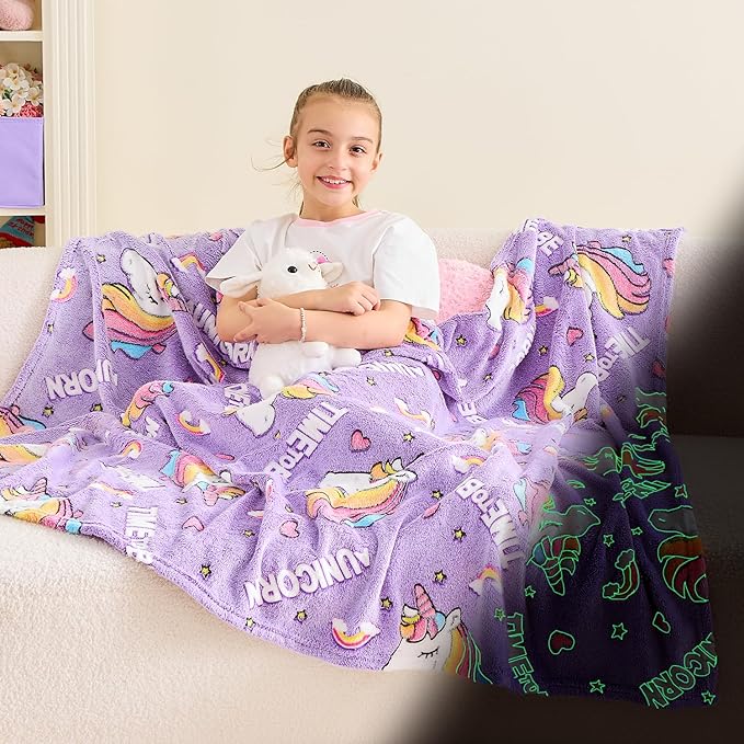 Wajade Unicorn Gifts for Girls - Glow in The Dark Unicorn Blanket Birthday Christmas Decor for Kids Age 3 4 5 6 7 8 9 10 11 12 Years Old Teens Child Toddler Throw Violet 60"x80"