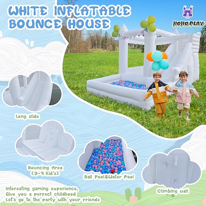 12 FT Oxford White Inflatable Bounce House, Bounce House With Ball Pit, Bounce House With Slide, Indoor And Outdoor Large Inflatable Castles Bounce House for Kids 3-12 Holiday Decoration Wedding Party
