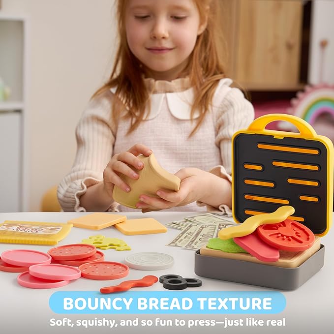 Play Food Toy for 3 4 5 6 Year Old Kids, 35 Pcs Play Kitchen Accessories, Interactive Panini Sandwich Making Toy with Menu and Play Money, Restaurant Pretend and Play Toy for Girls Boys Birthday Gift