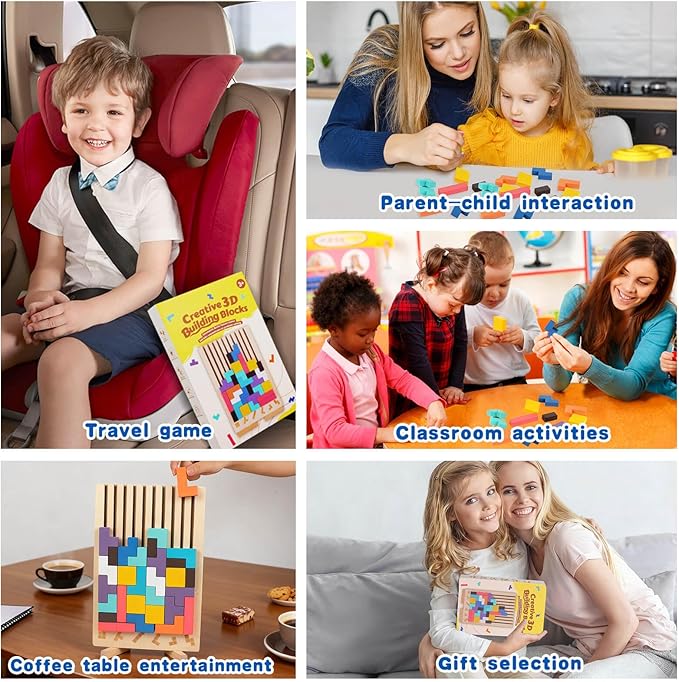 Wooden Colored 3D Russian Block Stacking Puzzle, Montessori Educational Toy for Toddlers Ages 3+ Fun Brain Teasers Family Board Game and Classroom Activities