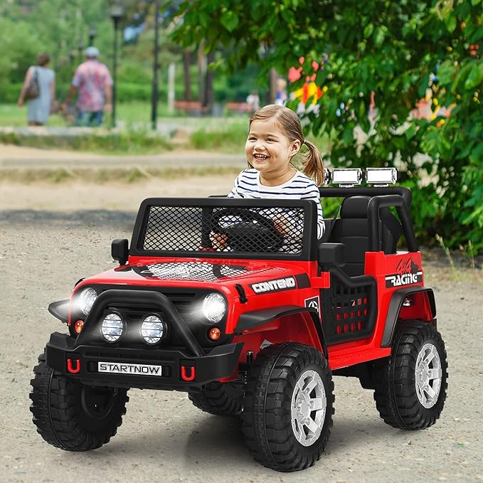 Costzon 2-Seater Ride on Truck, 12V Battery Powered Electric Vehicle w/Remote Control, 2 Speeds, Spring Suspension, LED Light, Horn, Music/ MP3, 2 Doors Open, Ride on Car for Kids (Red)