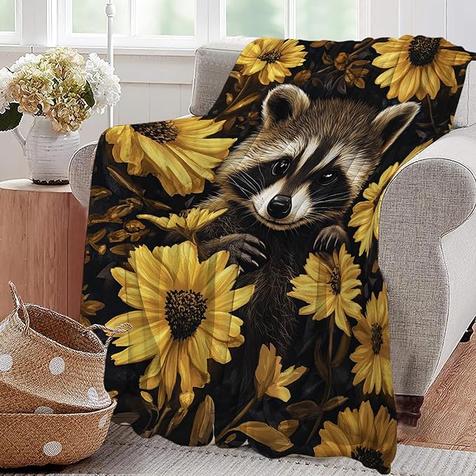 Raccoon Blanket Cute Raccoon Lover Floral Animal Throw Blankets Gifts for Girls Boys Kids Soft Cozy Fleece Plush for Couch Sofa Bed 50"x40"