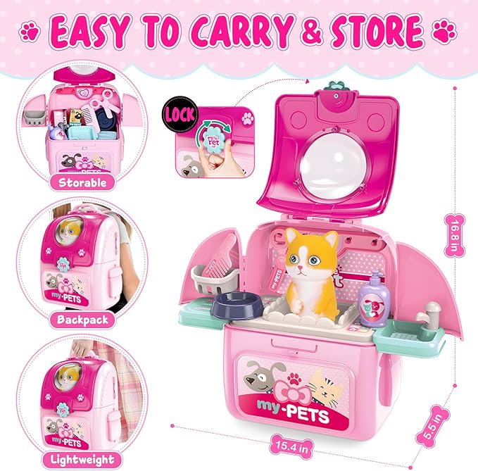 Shemira Toys Gifts for 1 2 3 4 5 6 Year Old Girl, Toddler Girl Toys, Pet Care Pretend Toys for Kids, Pet Care Playset for Kids with Toy Cat & Storage Backpack