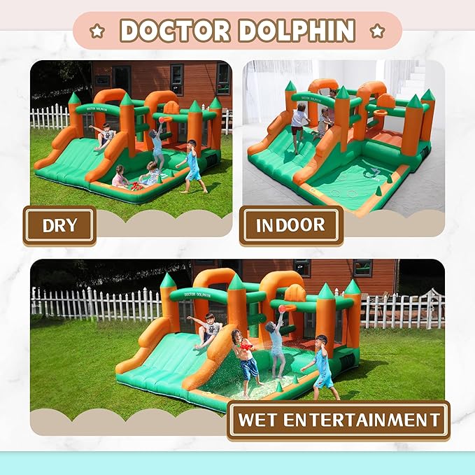 Doctor Dolphin Toddler Bounce House Ball Pit Inflatable Slide Bouncer Jump Bouncy House with Blower for Kids 3-8