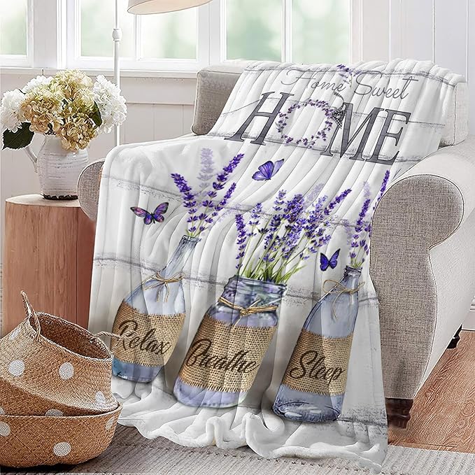 Farmhouse Floral Blanket for Women Girls Ultra Soft Cozy Lavender Flower Throw Blanket Fleece Fuzzy Plush Bedding Blanket Purple Flower Gifts for Women Girls Kids Adults Couch Sofa 50"x40"