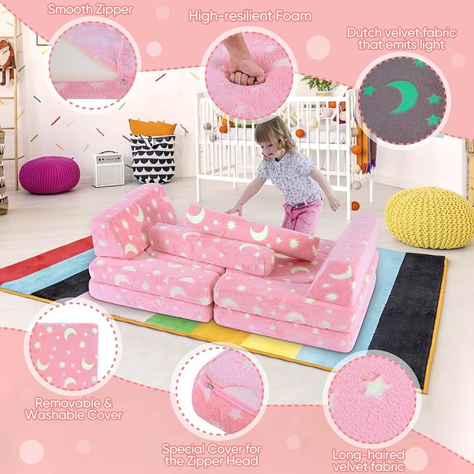 13 PCS Kids Play Couch, Modular Glowing Kids Toddler Couches, Kid Play Couch Sofa for Playroom and Bedroom (Pink)