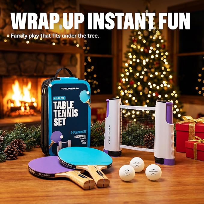 PRO-SPIN Portable Ping Pong Set with Retractable Ping Pong Net for Any Table, All-in-One Table Tennis Set with Ping Pong Paddles, Balls & Case, Table Top Family Game