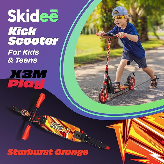 Skidee Adult & Teen Scooter Adjustable Height, Folding, Large Wheels, Lightweight, Durable, Anti-Shock Suspension, Up to 220 lbs