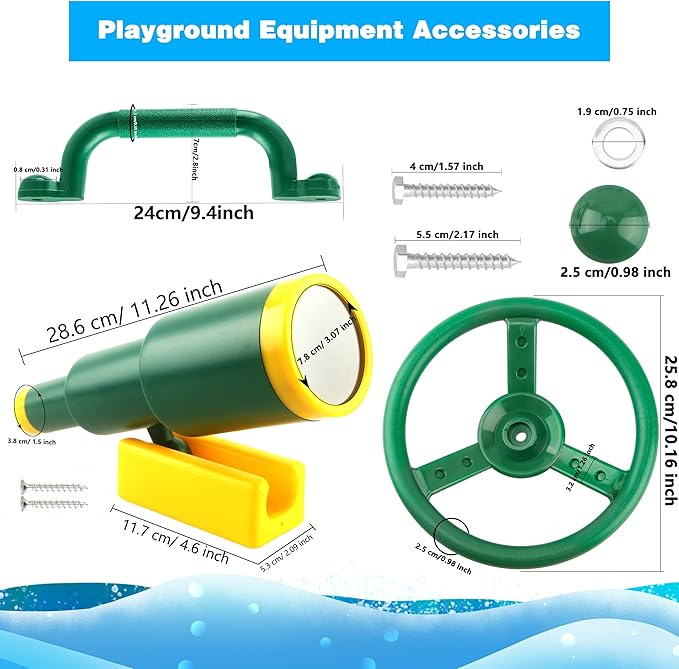 Playground Accessories Swingset Plastic Pirate Ship Steering Wheel Safety Handles Telescope for Kids Outdoor Playground Treehouse Jungle Gym Accessories (4 Pcs- Green,Yellow Set)