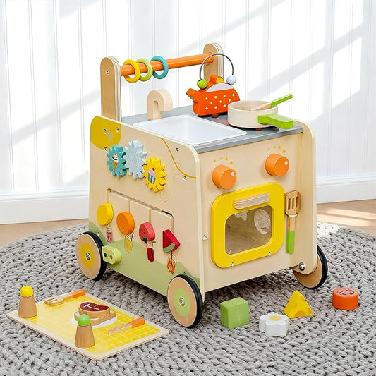 Wooden Baby Walker 3-in-1 Push Toy for Toddlers, Montessori Sensory Activity Center with Pretend Kitchen, Adjustable Speed Learning Walker, Safe Wooden Toy, Ideal Gift for Boys and Girls