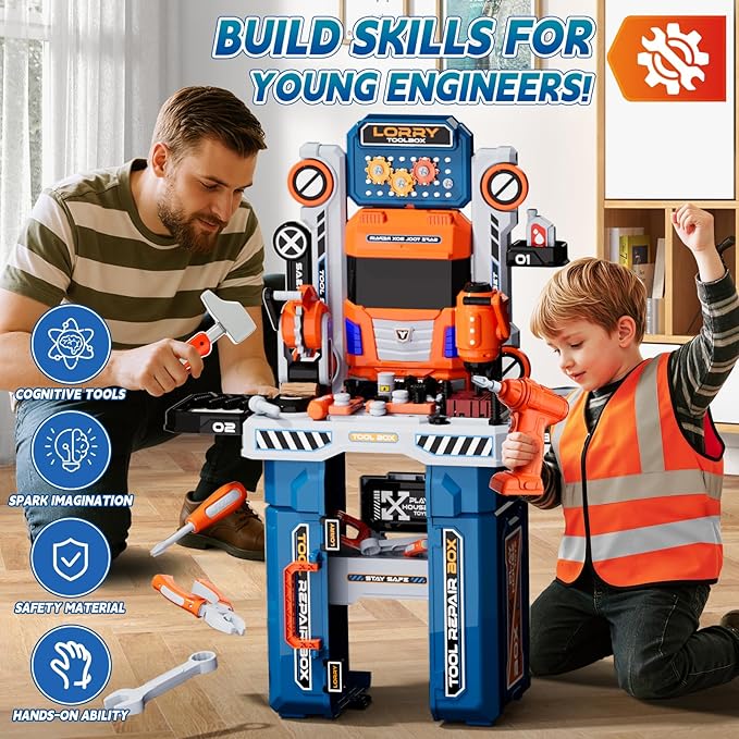 Kids Tool Bench Set with Electric Drill & Work Clothes, 68 PCS Realistic Toddler Tool Set for Ages 3-5, STEM Workbench Toy for Boys Girls, Pretend Play Construction Kit, Birthday Gift