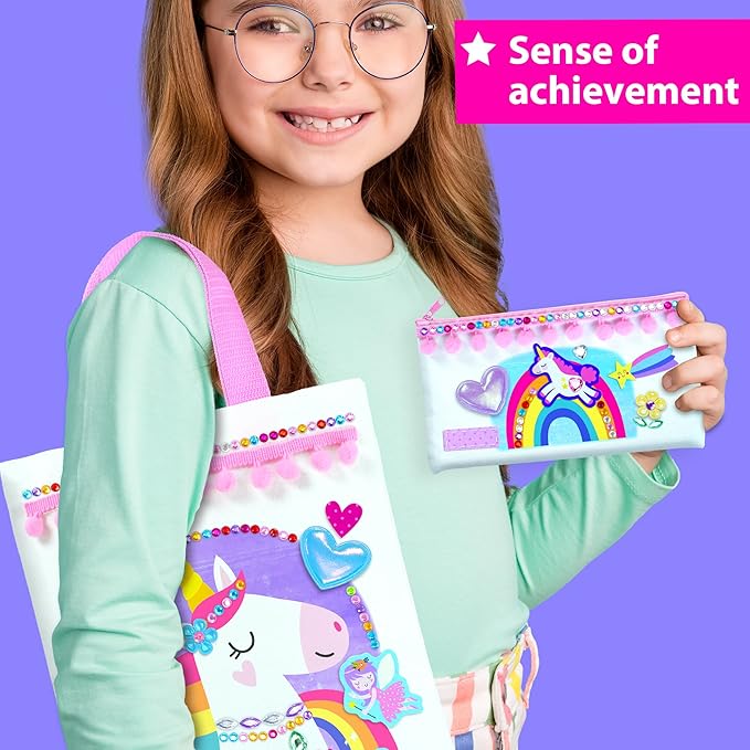 KRAFUN Decorate-a-Bag Craft Kit for Kids 5+ Years, Unicorn & Fairy Theme with Stickers & Gems, 3 DIY Customizable Bags, Step-by-Step Instructions, Creative Activity Set Girls & Boys, Educational Toy