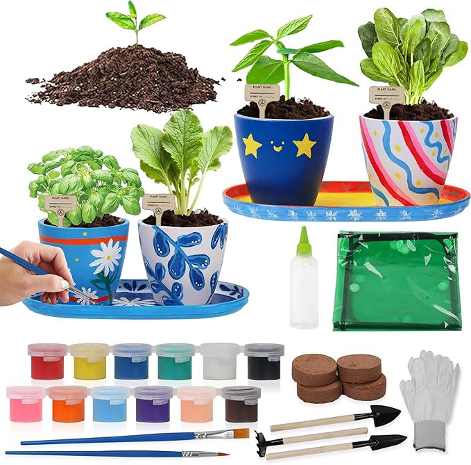 Paint & Plant Flower Gardening Kit with 4 Pots - Kids Gardening Set Ages 8-12, Spring Arts & Crafts Activities Kits, Educational Birthday/Easter Gifts for Boys & Girls Ages 5 6 7 9 10 11