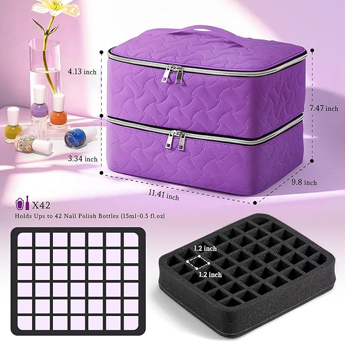 DreamGenius Nail Polish Organizer Case Holds 42 Bottles, Portable Double-Layer Nail Polish Storage Bag with Adjustable Dividers for Manicure Tools, Purple