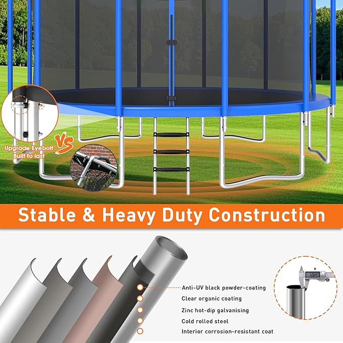1500LBS 8 10 12 14 15 16 FT Tranpoline for Adults/Kids with Safety Enclosure Net, Basketball Hoop, Ball, Wind Stakes and Ladder, Heavy Duty Outdoor Recreational Tranpolines for Family