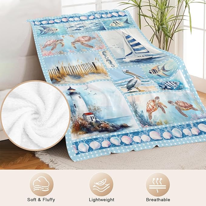 Ocean Nautical Throw Blanket, Nautical Coastal Fleece Blanket Gifts for Boys Girls, Warm Cozy Soft Flannel Throw Stuff for Bed Sofa Couch 80" x 60"