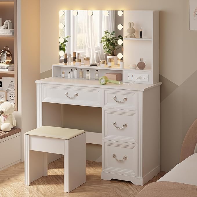 Vanity Desk with Mirror Light and Power Outlet, 39 inch Farmhouse Makeup Table Set with Stool, 3 Color Adjustable Lights Bedroom Dressing Table with 4 Drawer for Women Girls Teens, White