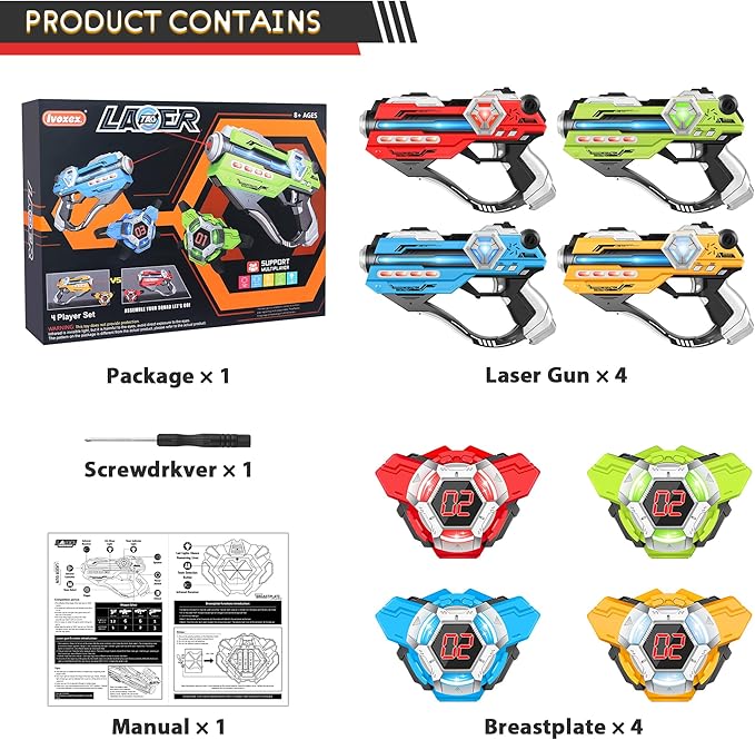 Laser Tag Guns Set of 4 Laser Tag Guns with Digital LED Score Display Vests,Gifts for Teens and Adults Boys & Girls,Adults and Family Fun,Gift for Kids Ages 8 9 10 11 12+Year Old Boy