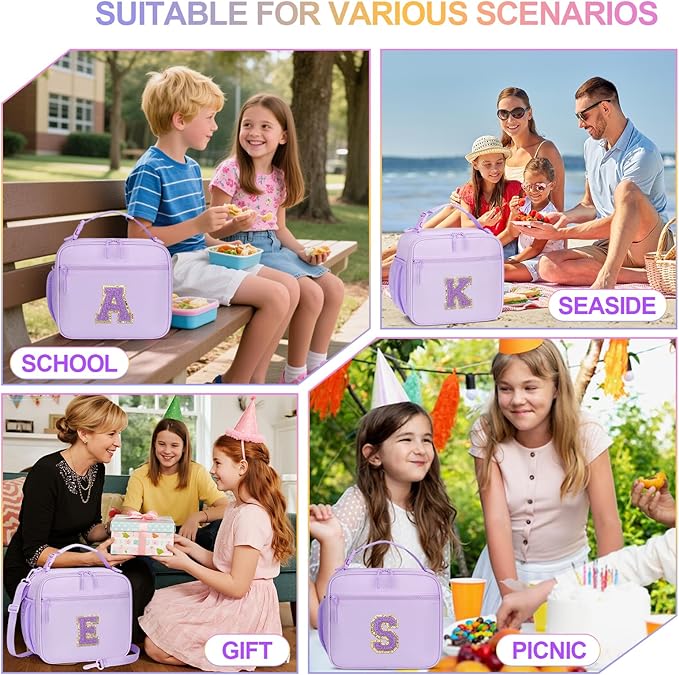 Kids Initial Lunch Bag, Reusable Insulated Lunch Box for Girls Toddlers, Back to School Gift, Leak-proof Cooler Bag for School Daycare Travel Picnic, Purple-E