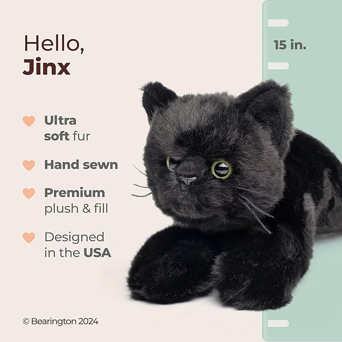 Bearington Collection Jinx 15-Inch Cat Plush Toy - Realistic Black Stuffed Animal for Kids