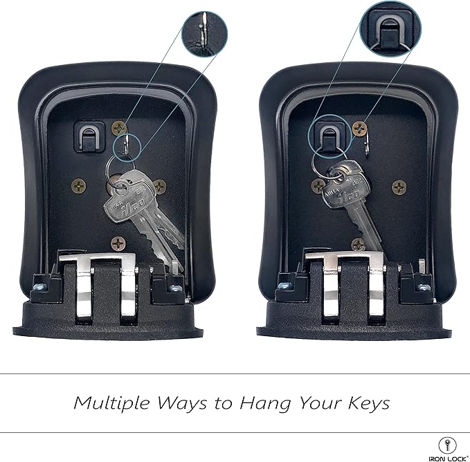 Iron Lock® Wall Mount Key Lock Box for Keys 4 Digit Combination with Resettable Code with A B Switch Indoor Outdoor Waterproof House Key lockbox for Spare House Keys 5 Capacity (Medium, Black)