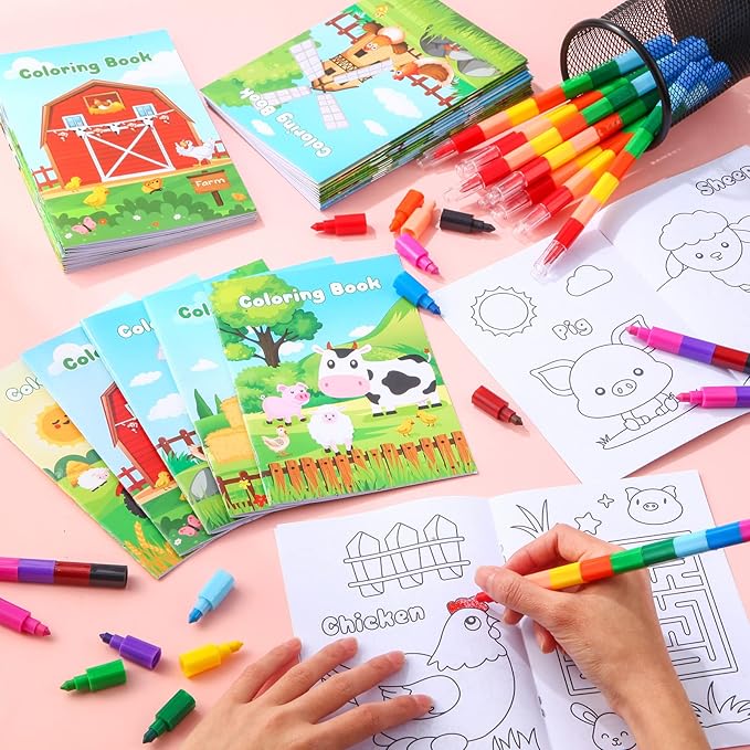 BenLouis 12 Farm Animals Mini Coloring Books Kids with 12 Stacking Crayons Cow Horse Barn Party Favors Small Activity Books Bulk for Kids Farm Birthday Party Gift Goodie Bag Stuffers