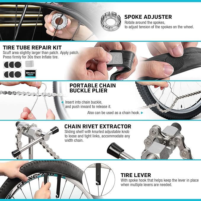 DURATECH 31 Pieces Bicycle Tool Kit, Complete Bike Repair Kit with Storage Box, Mountain Bike Repair Tools, for Mountain, Road, and Park Bicycle with Chain Riveter, Tire Levers, Crank Puller