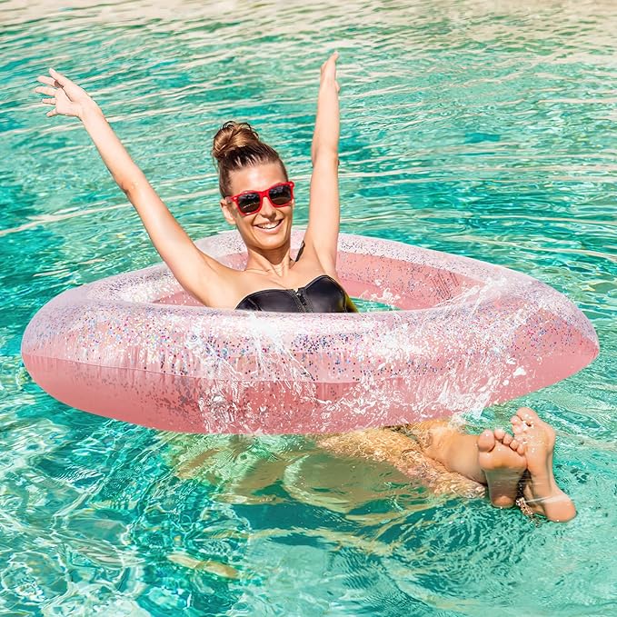 HeySplash Pool Floats, Adult Size Heart Inflatable Pool Floatie for Bachelorette Party, Swim Tube Rings, River Lake Beach Floaty, Wedding Bride Valentine Fun Toy Raft Lounge for Kids,Glitter Rose Gold